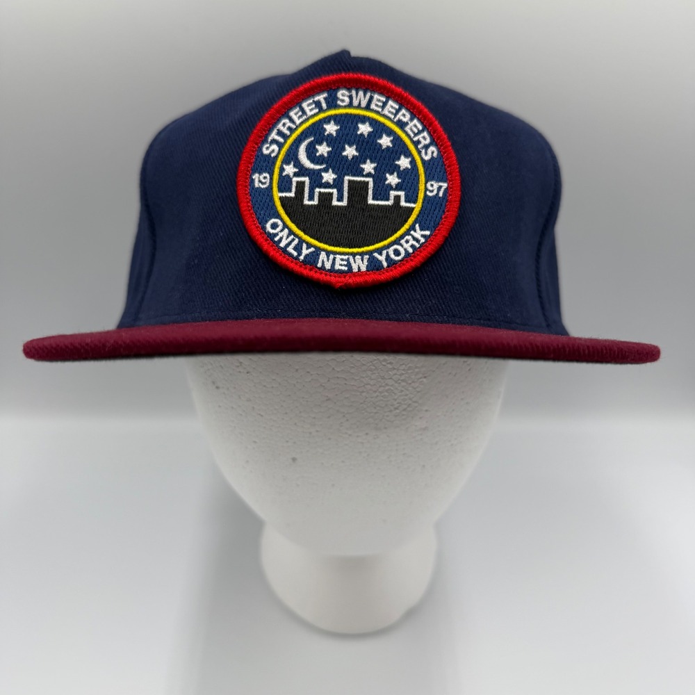 Only NY Street Sweepers Snapback Navy Blue Burgundy Made in USA Leather Strap‎